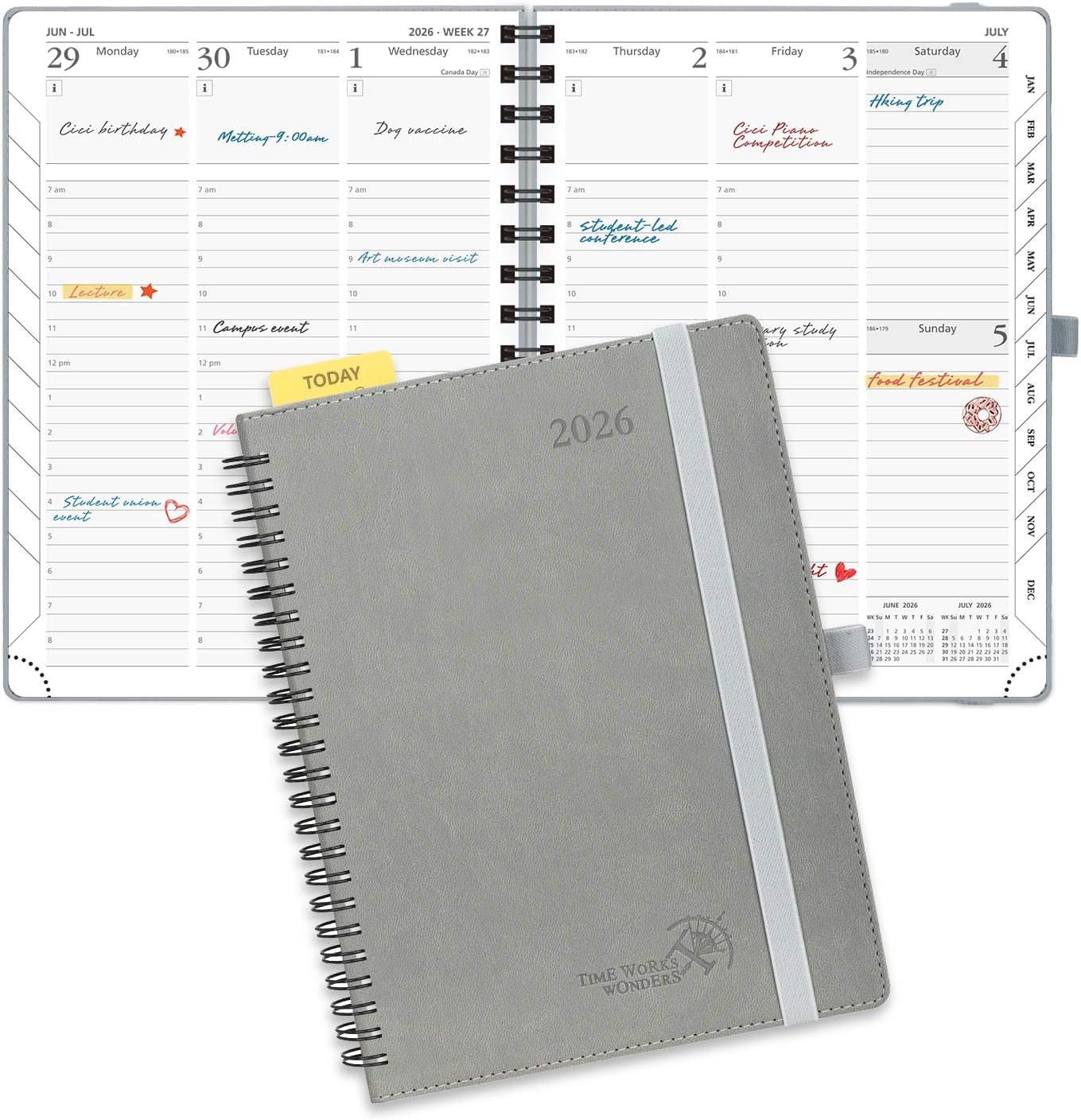 POPRUN 2026 Planner (Medium - 6.5'' x 8.5'') with Hourly Schedule, Vertical Layout - 2026 Weekly Calendar (Jan. 2026 - Dec.2026) for Time Management, Monthly Tabs, Spiral Bound, Soft Cover - Grey