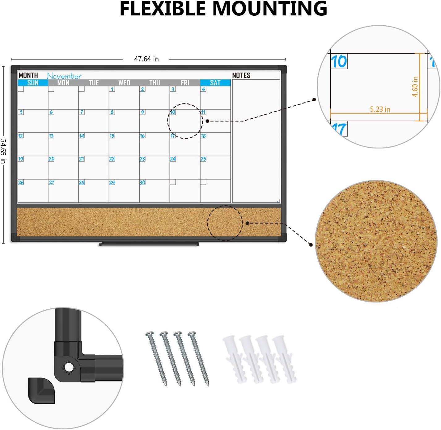 XBoard Dry Erase Calendar Whiteboard 48 X 36 - Combo White Board Calendar Monthly, Magnetic White Board + Corkboard with Black Aluminum Frame, Colorful Push Pins & Marker Tray Included