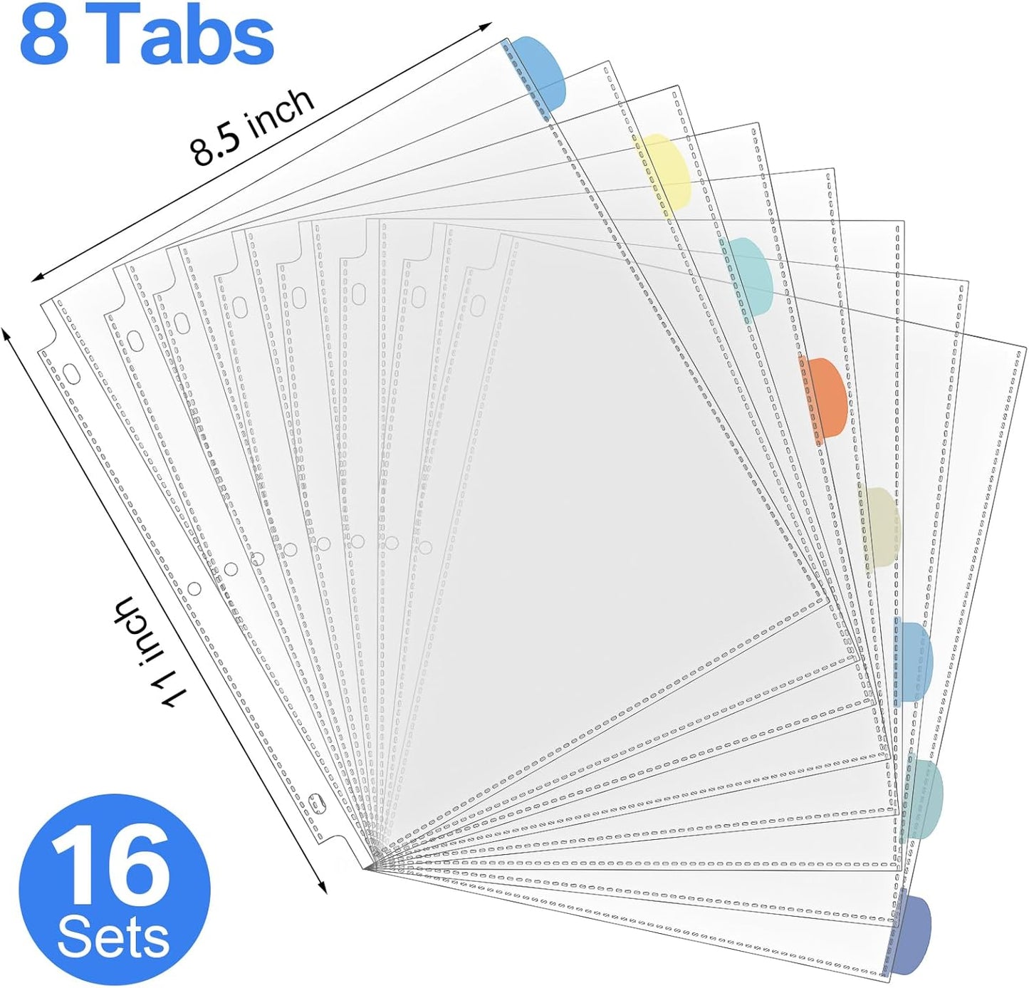 ReliThick 16 Set of 128 Pack Clear Binder Sheet Protectors with Tabs for 3 Ring Binder 8 Tab Binder Dividers with Pockets and Tabs Plastic Page Protector Insertable Index Divider, 8.5 x 11 Inch