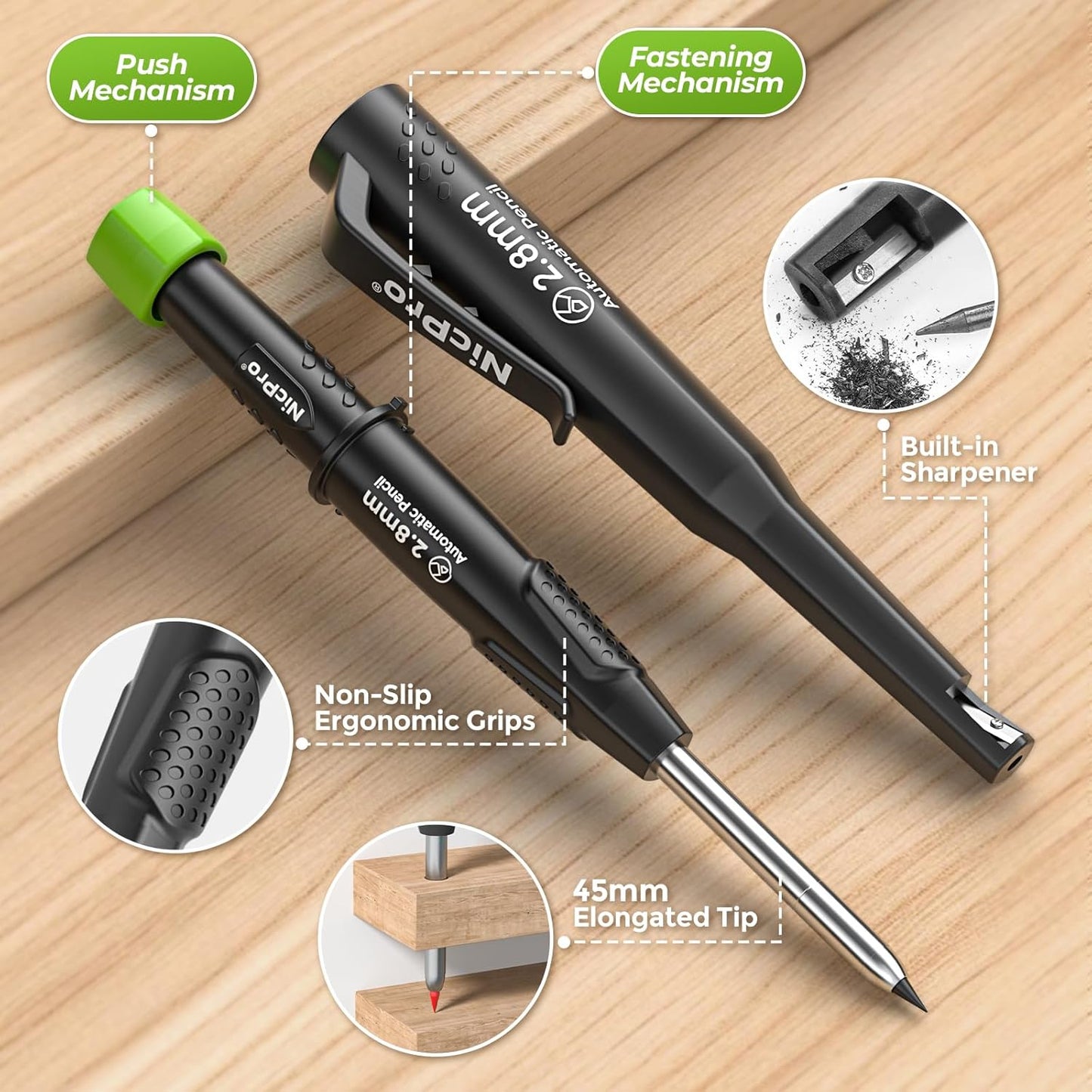 Nicpro Carpenter Pencil with Sharpener, CP3000 Construction Pencils with 6 Refills in a Lead Dispenser, Deep Hole Mechanical Pencil for Construction, Heavy Duty Carpenter Tools for Woodworking Marking