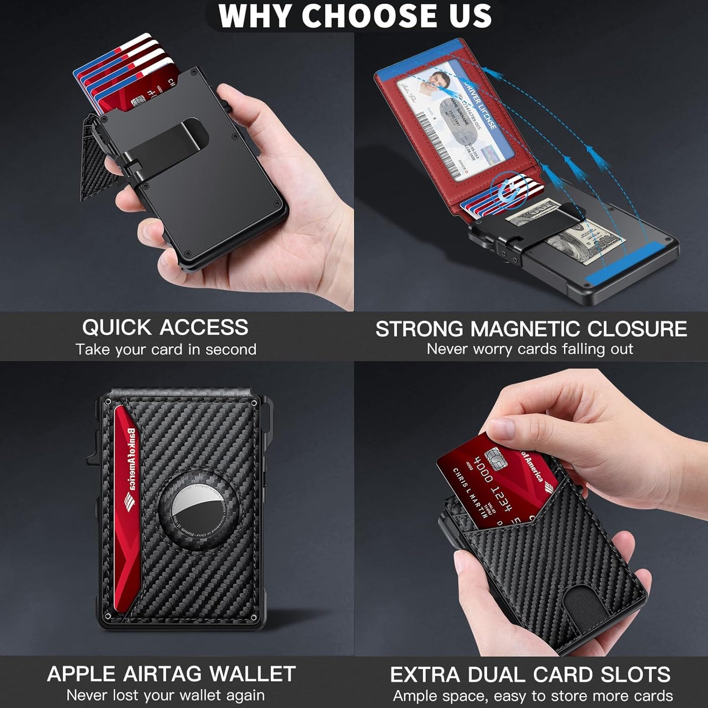 Airtag Wallet for Men, Mens Smart Wallet for Air Tag RFID Blocking, Minimalist Bifold Pop Up Aluminum Credit Card Case Holder 12+ Cards with ID Window, Gift for Men, No Airtag Included, Carbon Red