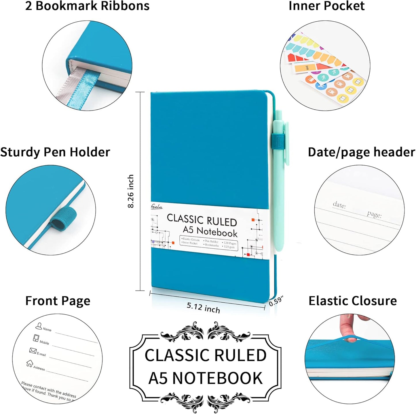 feela 24 Pack Journal Notebook Bulk for Work, Business Notebook Hardcover Lined Writing Journal with Pen Holder for Men Women Note Taking, with 24 Black Pens, 120 GSM, 5.1”x8.3”, A5, Teal