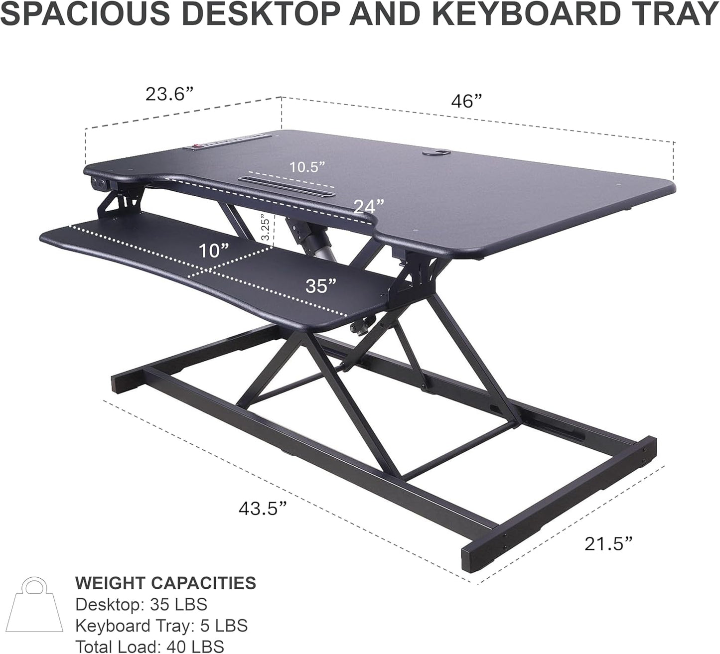 Rocelco 46" Electric Standing Desk Converter with AC Outlet USB Charger - Motorized Height Adjustable Sit Stand Up Triple Monitor Riser - Tabletop Workstation Large Keyboard Tray - Black (R EDRB-46)