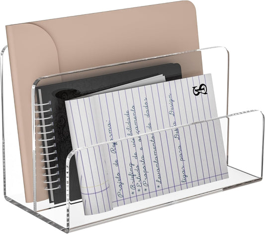 Acrylic File Holder 2 Compartment, Clear Desk File Organizer, Office Magazine File Folder Organizer