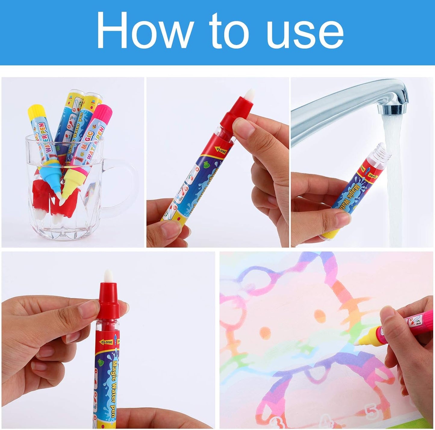 Outus 12 Pcs Water Drawing Doodle Pens, Replacement Water Markers Pens for Book Toddlers Kids Doodle Mat