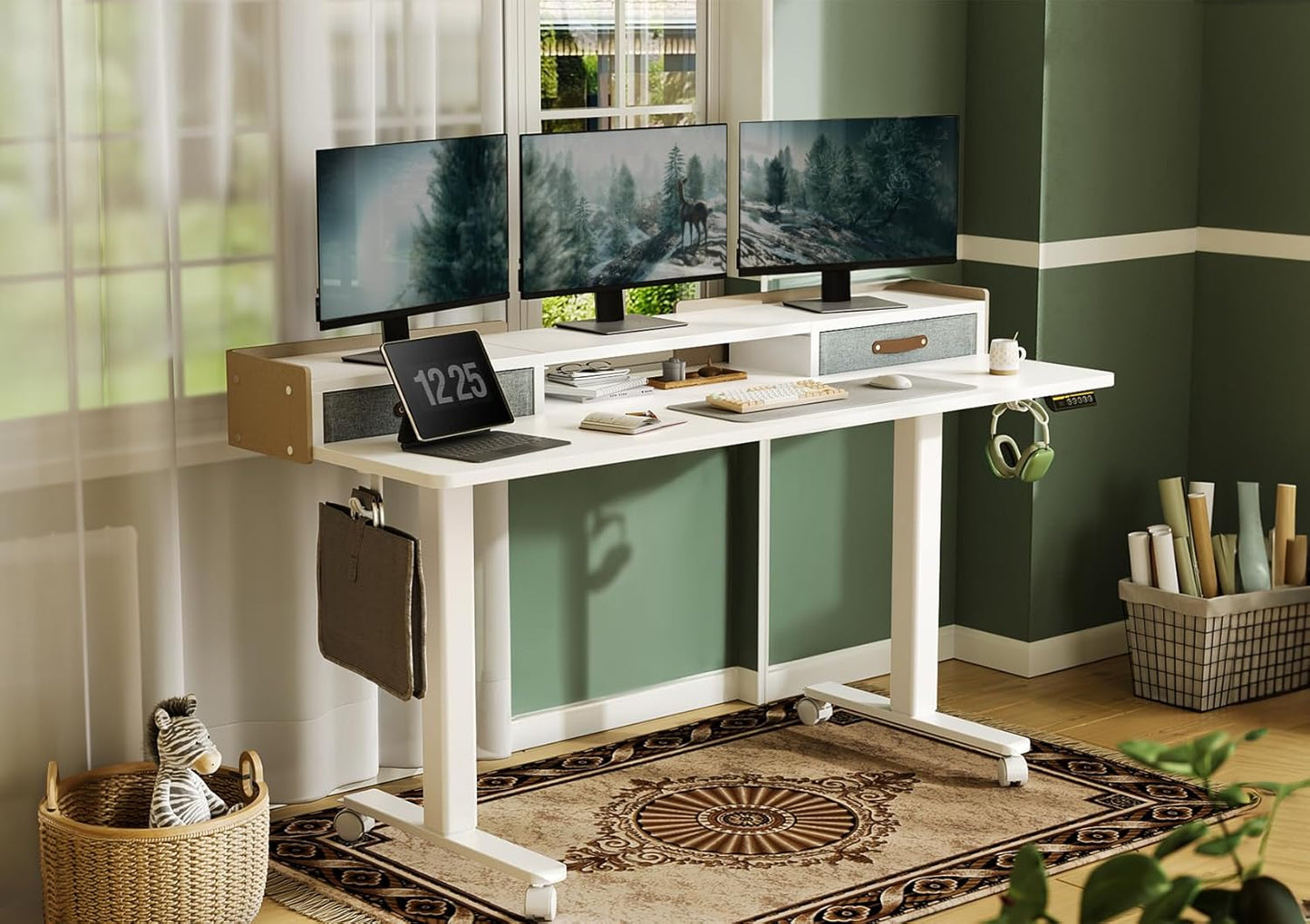 YDN Electric Standing Desk with Drawers, Adjustable Height Stand Up Desk, 63 inch Electric Sit Stand Computer Desk for Home Office, White