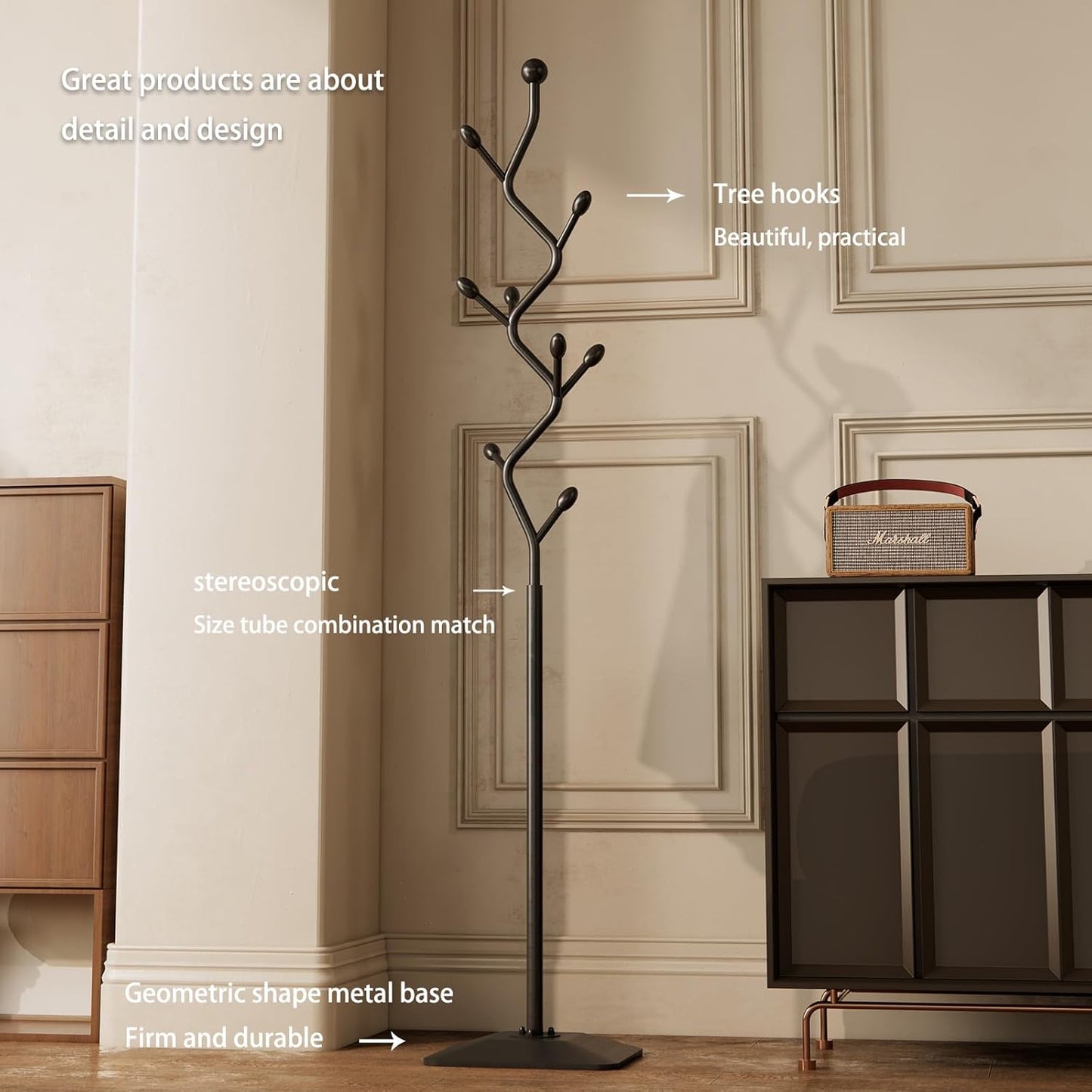 Tree-shaped coat rack stand,Metal coat tree with 8 Hooks and sturdy cast iron base,Heavy Duty coat rack freestanding coat hanger stand for Clothes Hats Scarfs Purses (black)