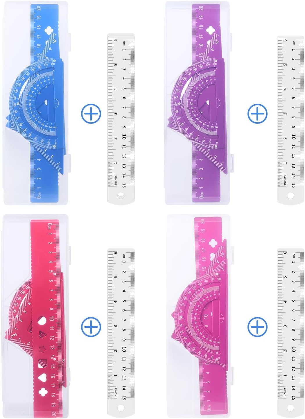Honagu Triangular Ruler Set, 4+1Pieces Aluminum Alloy Ruler, Metal Drafting Ruler, Geometric Protractor for Students, School Office Supplies (Pink, 20cm)