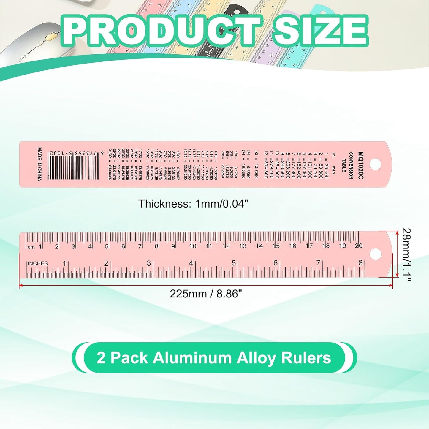 PATIKIL 20cm/8" Metal Ruler, 2 Pack Aluminum Alloy Rulers with Centimeters, Millimeters, Inches and Conversion Table Straight Edge Ruler for Writing Machinist Drafting, Pink