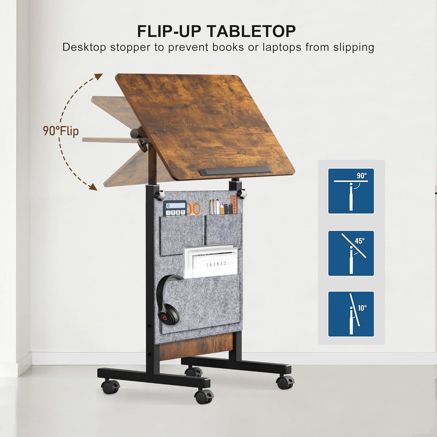KOUPA Height Adjustable Standing Desk with Storage Bag widths16 in Length 24 in, Portable Rolling Mobile Stand Up Table with Wheels, 360 Degree Flip Laptop Computer Desk for Home Office, Rustic Brown