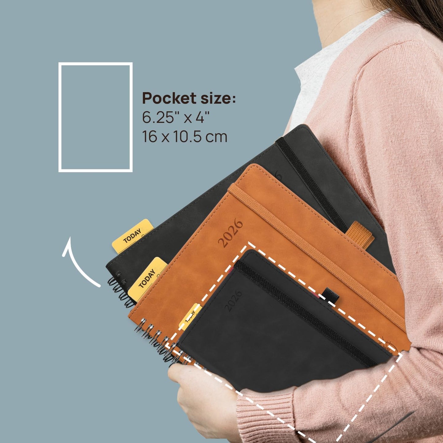 POPRUN 2026 Planner Weekly Notebook (Jan-Dec), Small Size 4''x 6.25'' - 2026 Pocket Calendar for Purse with Spiral Soft Cover, Plastic Ruler, Inner Pocket, 100 GSM - Black