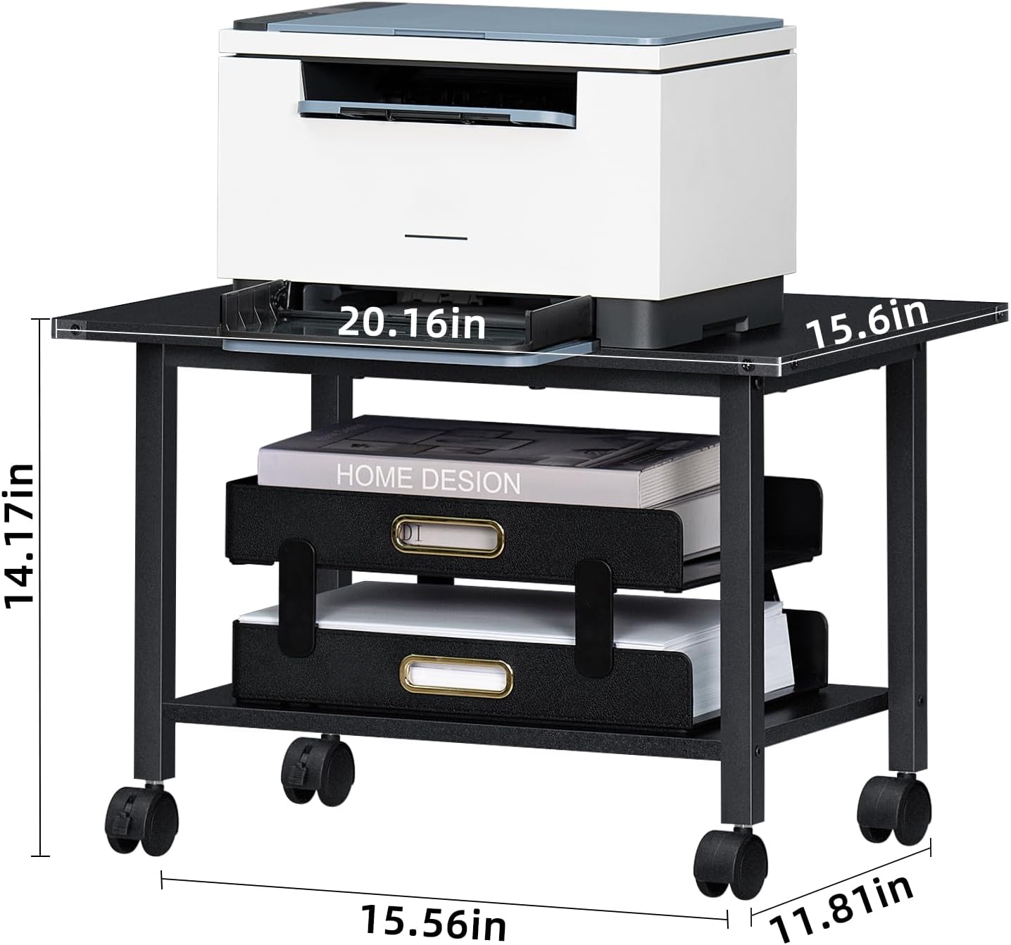 Lerliuo Under Desk Printer Stand, 2-Tier Industrial Mobile Printer Table with Storage Shelf and Steel Frame, Rolling Printer Cart Holder with Lockable Wheels for Home, Office (Black)