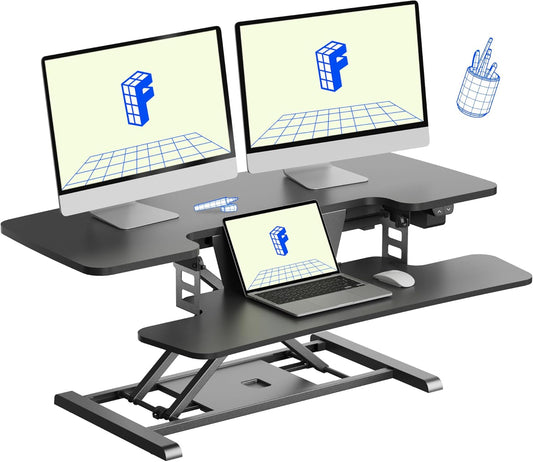 FLEXISPOT 40" Electric Standing Desk Converter, Height Adjustable Riser, Sit to Stand Monitor and Laptop Workstation with Wide Keyboard Tray, Black