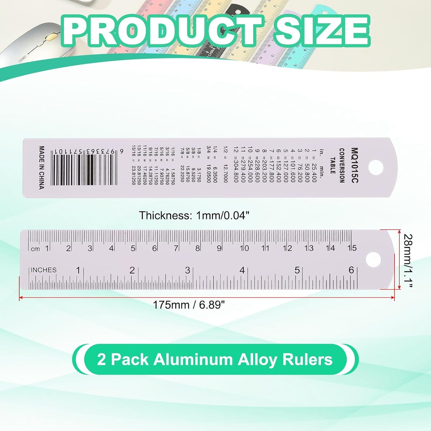PATIKIL 15cm/6" Metal Ruler, 2 Pack Aluminum Alloy Rulers with Centimeters, Millimeters, Inches and Conversion Table Straight Edge Ruler for Writing Machinist Drafting, Purple