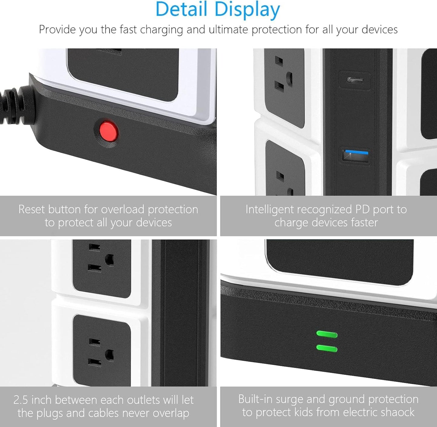 Power Strip Tower with PD20W USB C, BESTEK 8-Outlet and USB Charging Ports 2100 Joules Surge Protector, 5 Feet Extension Cord Flat Plug ETL Listed