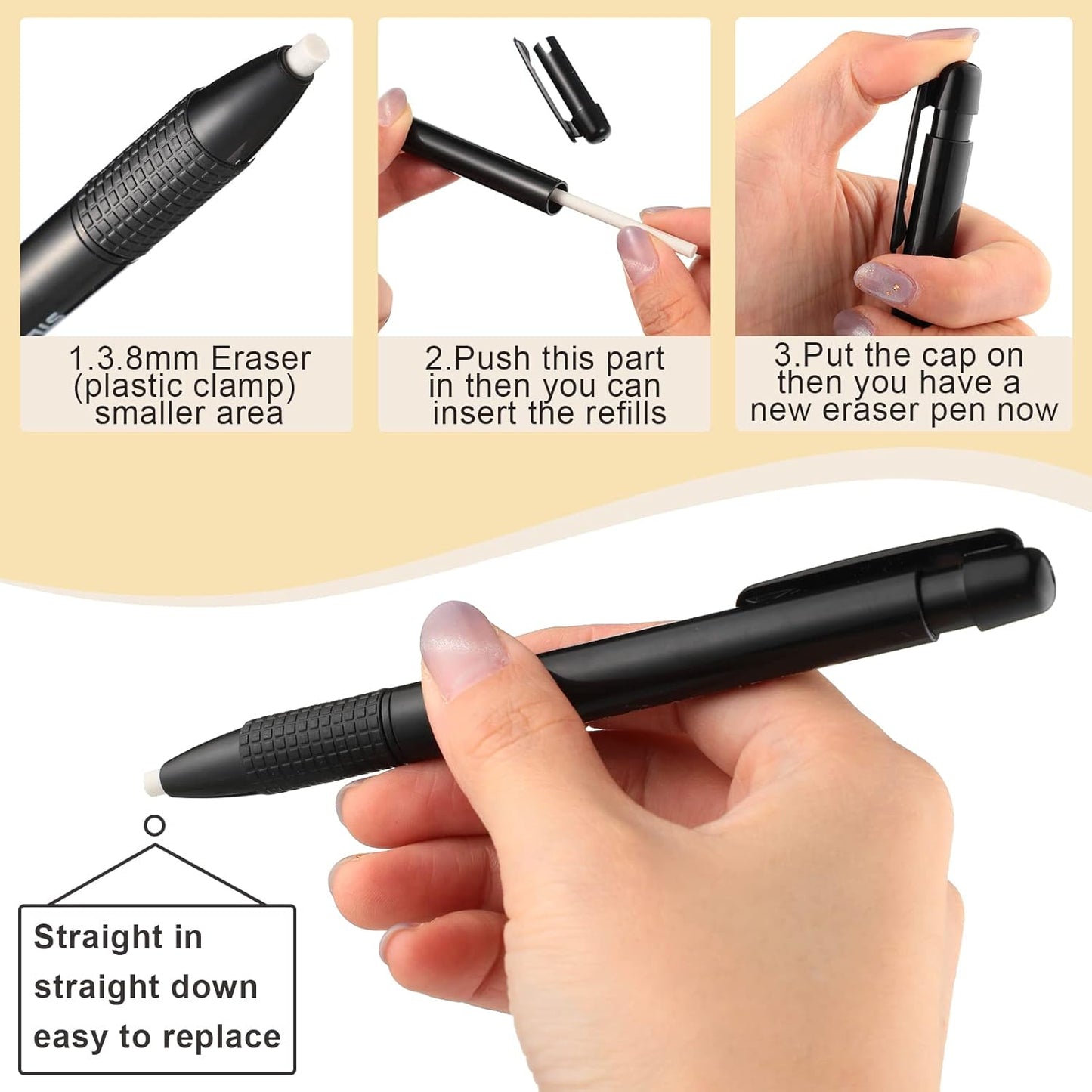 Eersida Retractable Eraser and Refill Mechanical 3.8 mm Pen Style Art Erasers for Artists Drawing Painting, Students Teacher Adult Office School Home(2 Packs)