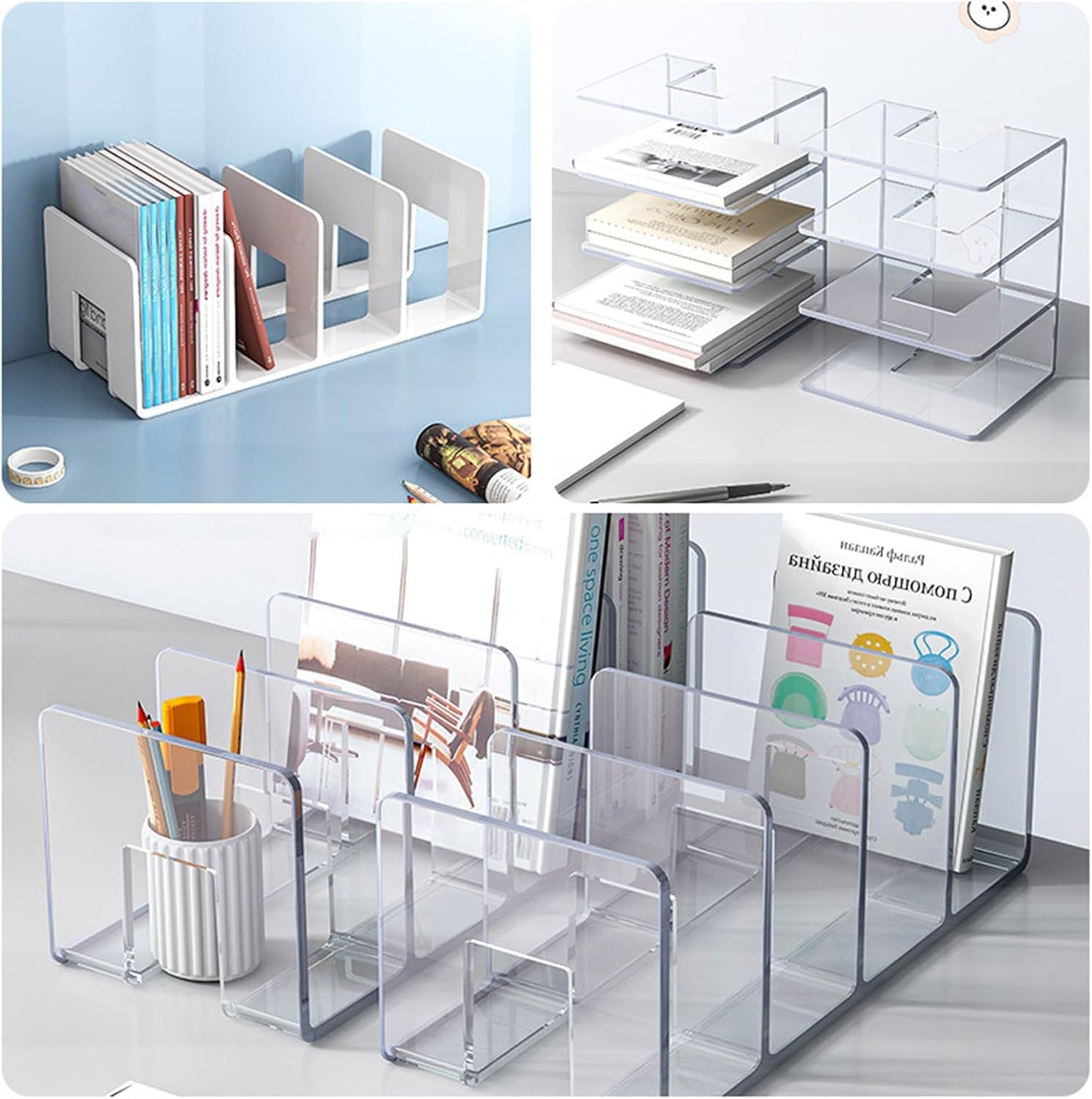 2PCS Acrylic File Organizer for Desk, Desktop Document/Mail Organizer, 4 Compartments Plastics Invisible Bookshelf Floating (12.5" x 5.7" x 5", Green)