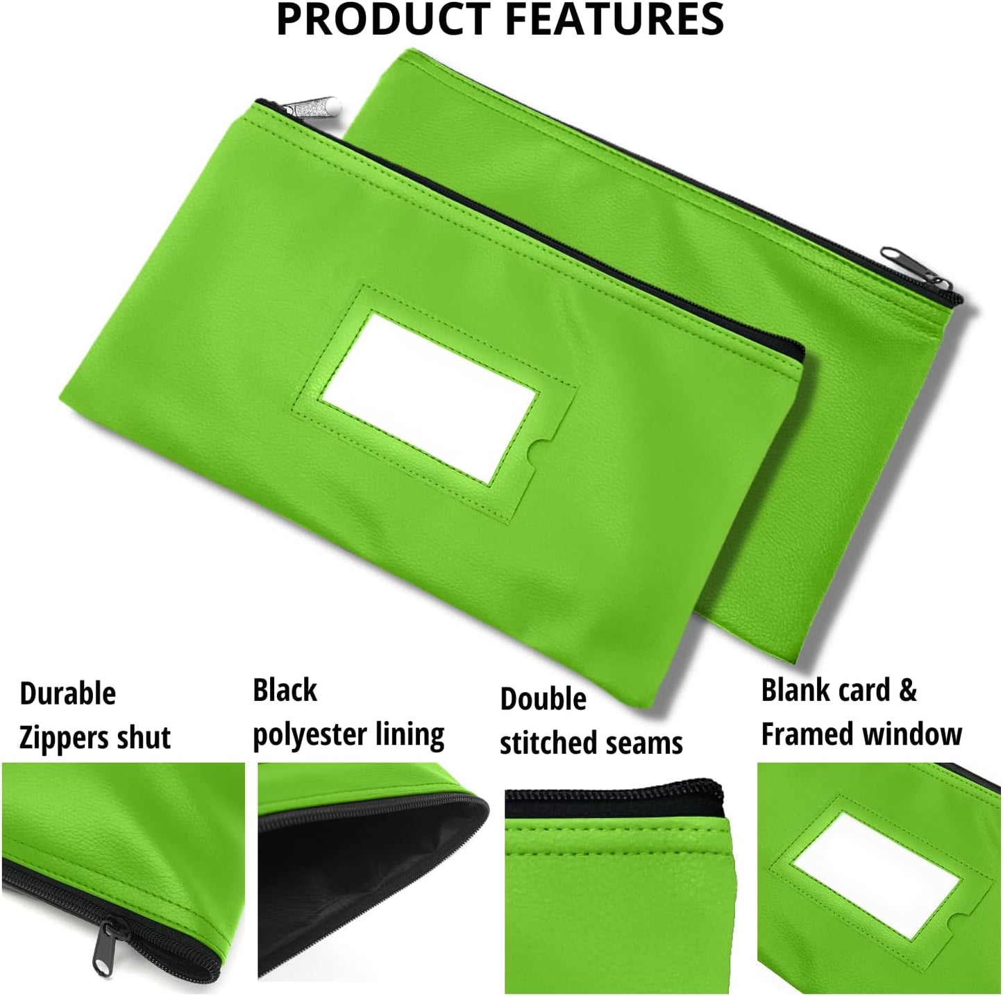 Money Bank Deposit Bag with Zipper | 11x6 inch | Light Green | Durable Leatherette Money Cash Coin Check Wallet Pouch for Men & Women with Framed ID Window and Blank Card | by GIDABRAND (7)