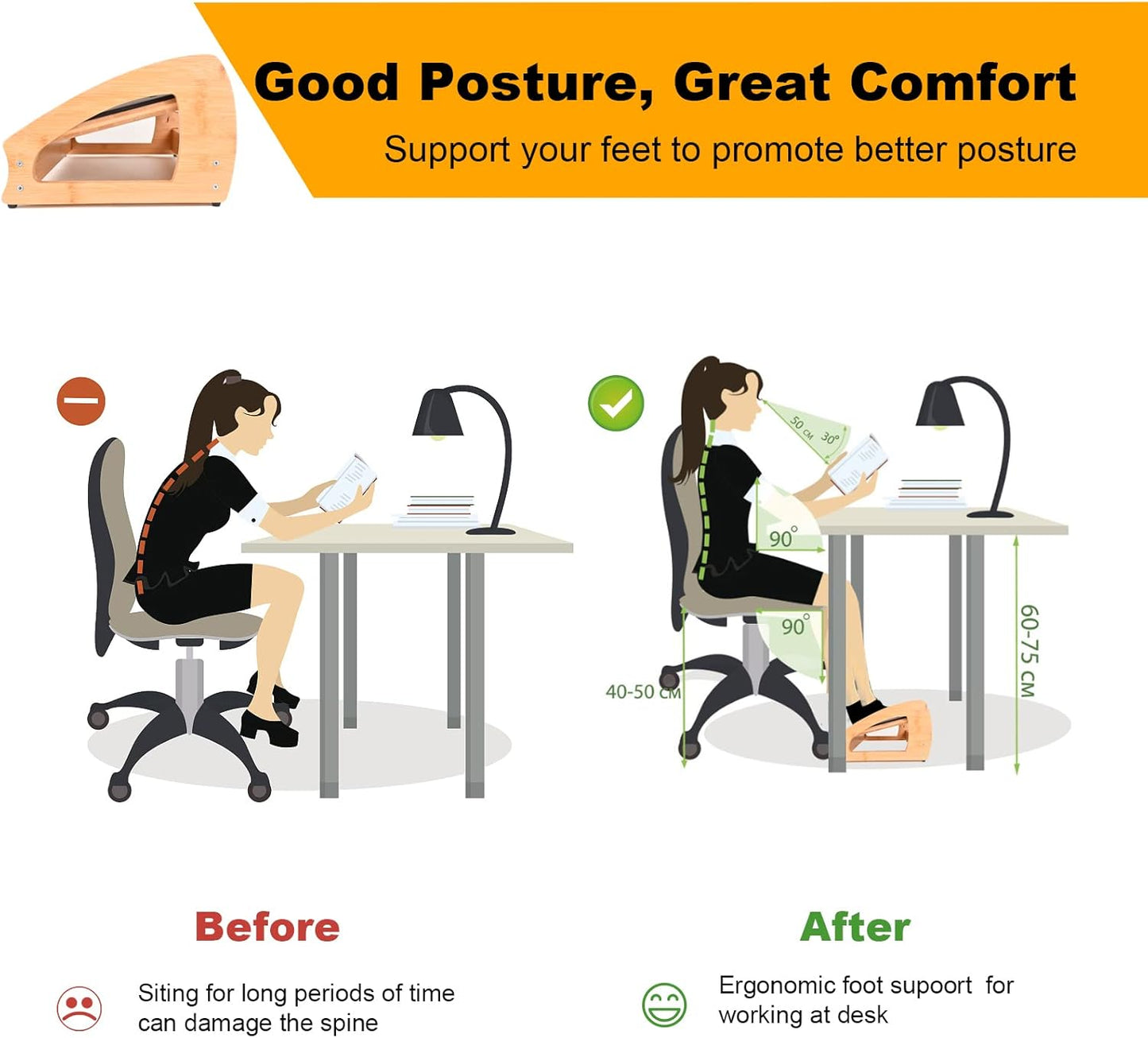 Bamboo Under Desk Footrest, Ergonomic Foot Rest with 4 Height Position Office Footrest, Improves Posture and Blood Circulation, Portable Step Stool for Home and Office (Standard)