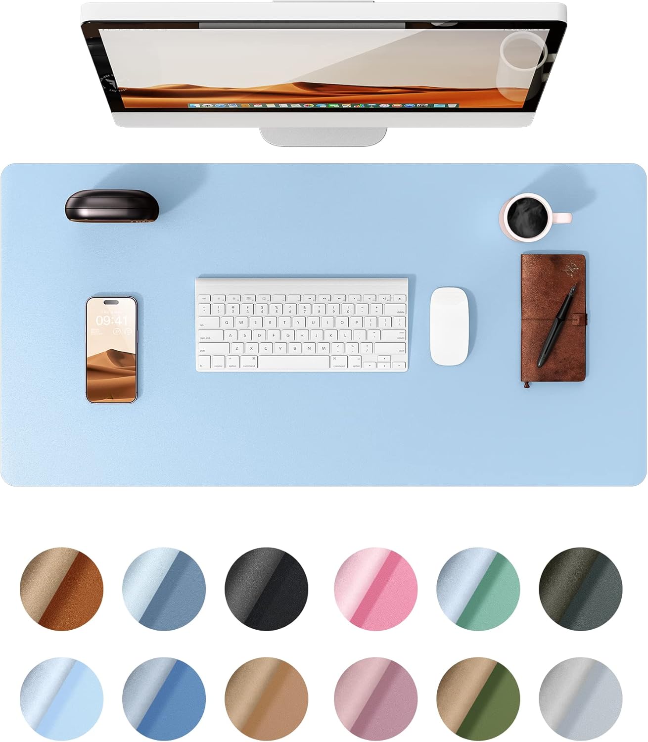 YSAGi Leather Desk Protector, Office Mat, Large Mouse Mat, Non-Slip PU Leather Blotter, Laptop Pad, Waterproof Writing Pad for Office and Home (Baby Blue, 35.4" x 17")