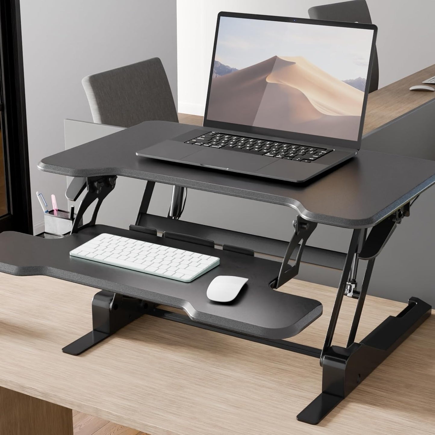 Mount-It! Height Adjustable Standing Desk Converter, Compact 30” Wide Tabletop Standing Desk Riser with Gas Spring, Desktop Stand Up Workstation with Keyboard Tray Fits Monitor or Laptop, Black