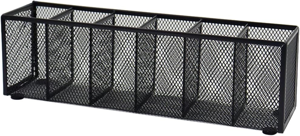 Black Mesh Pen Pencil Holder, Small Metal Desk Organizer Desktop Stationery Office Supplies Acessories Storage Stand, 6 Compartments Brushes Holder for Home School Classroom Teachers