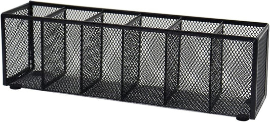 Black Mesh Pen Pencil Holder, Small Metal Desk Organizer Desktop Stationery Office Supplies Acessories Storage Stand, 6 Compartments Brushes Holder for Home School Classroom Teachers