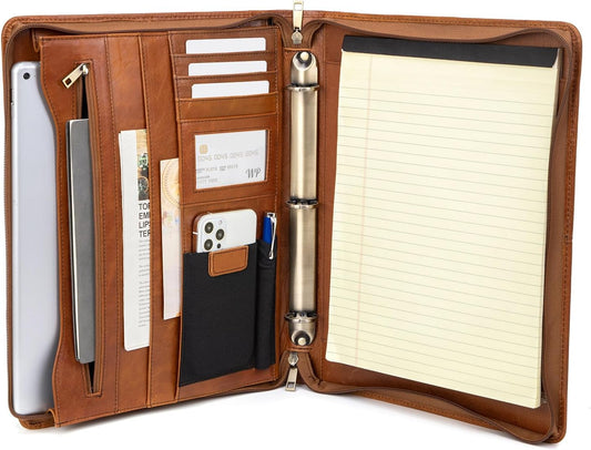 Genuine Leather Portfolio with 3 Ring Binder, Full Grain Leather Padfolio Zippered, A4 Notebook Holder Laptop Sleeve Professional Folder Organizer Gift for Men and Women, Brown, Oil Tanned