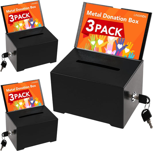 Tip Jar 3 PCS Suggestion Box with Slot and Lock Metal Donation Raffle Fundrais Cash Ballot Money Ticket Bartender Voting Prayer Comment Teacher Mailbox Booth Card Classroom Restaurant Black