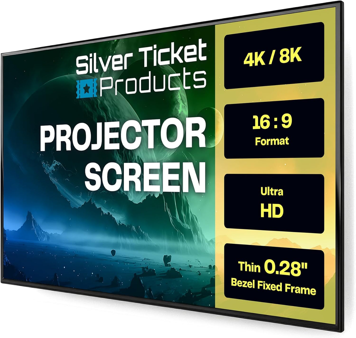 Silver Ticket Products S7 Series 6 Piece Thin Bezel Home Theater Fixed Frame 4K/8K Ultra HD, HDTV, HDR & Active 3D Projection Screen, 16:9 Format, 135" Diagonal, Grey Material S7-169135-G
