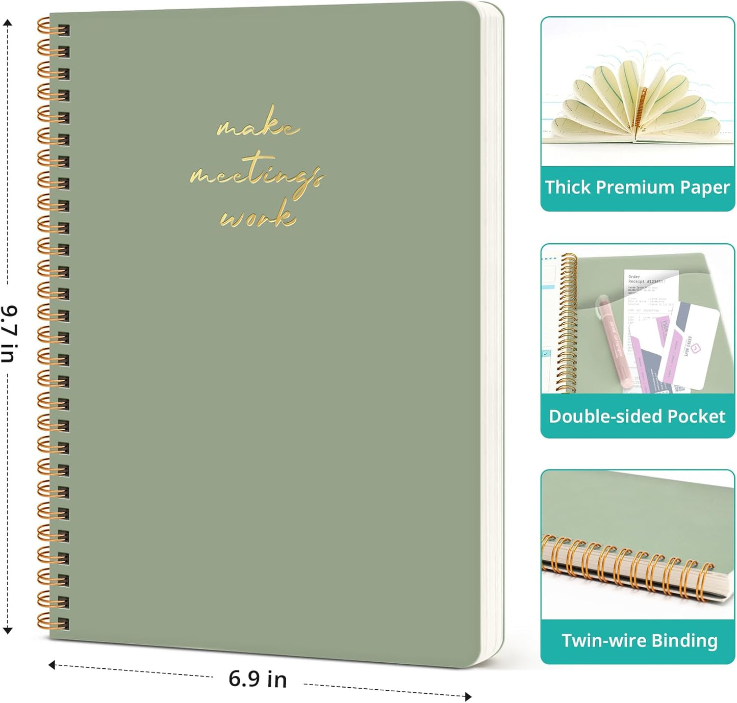 6 Pack of Meeting Notebook for Work Organization - Work notebook with action items, Meeting Minutes Planner Notebook, Perfect Office Supplies for Men & Women - Green