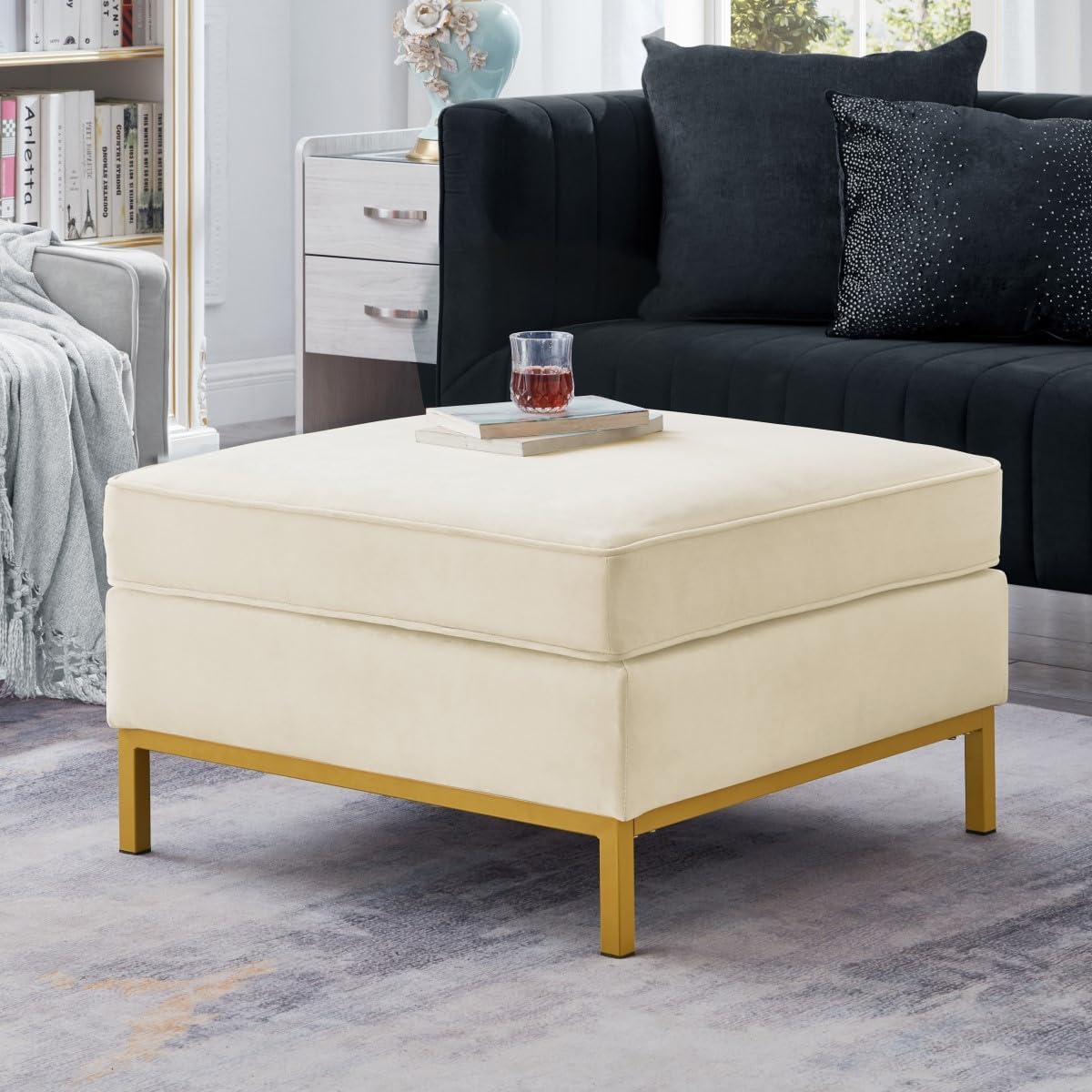 24KF Large Velvet Ottoman - Padded Cushion Foot Rest for Living Room - Cream