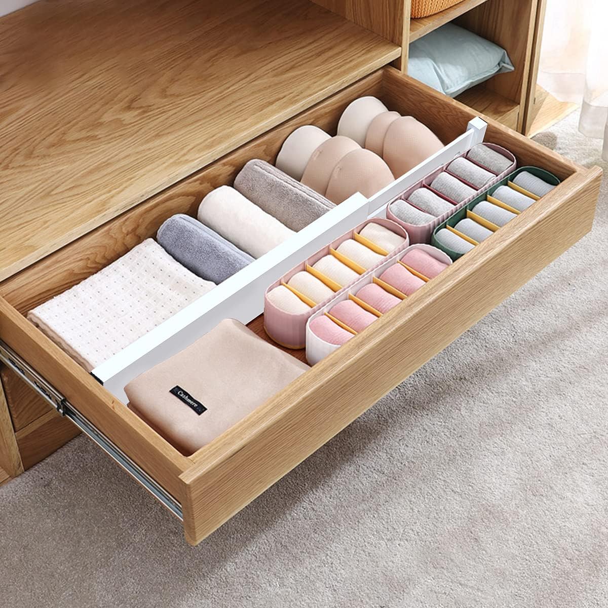 ANTOWIN Expandable Bamboo Drawer Dividers, Drawer Separators,17-22 inches Adjustable Spring-loaded Organizer for Large Utensil, Clothes, Tools Drawers, 6Pack (White)