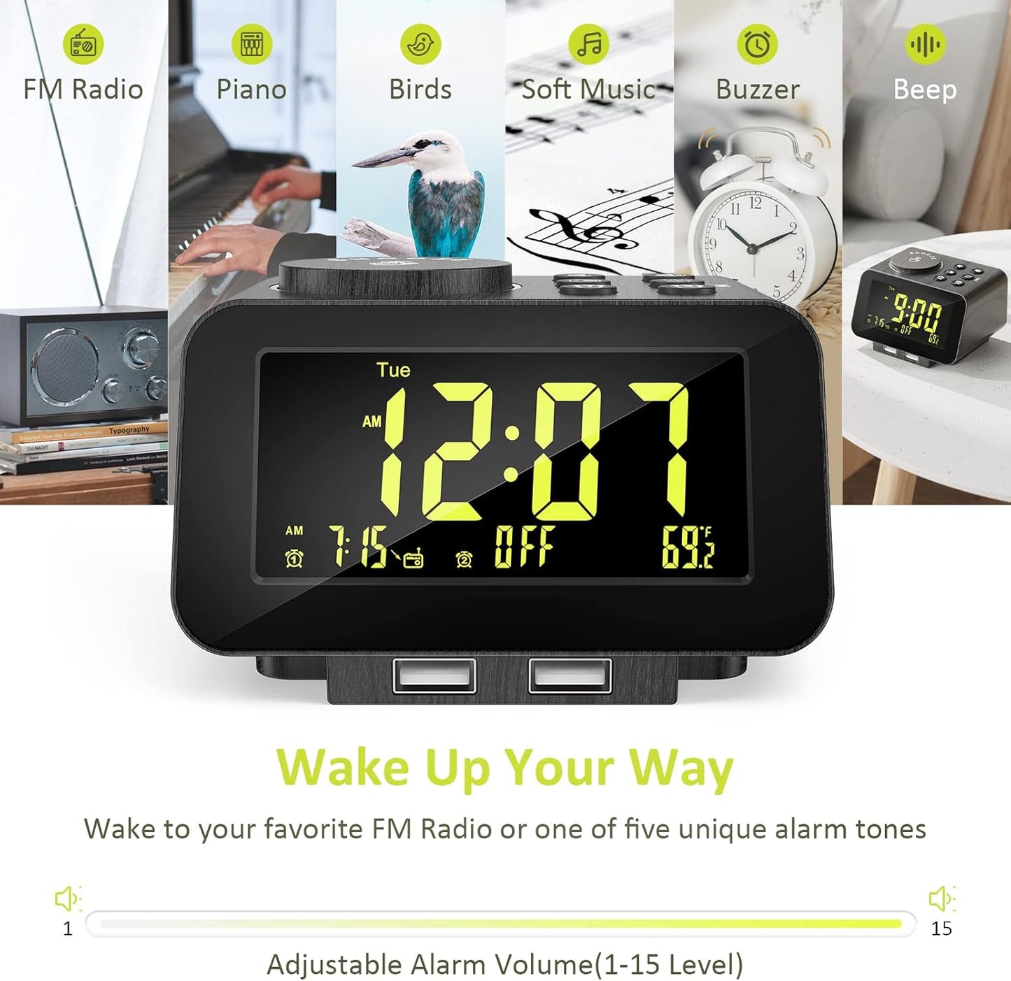 uscce Alarm Clock Radio for Bedroom - 0-100% Dimmer, 2 USB Chargers, Dual Alarm with Weekday/Weekend Mode, FM Radio w/Auto-Off Timer, Battery Backup, Loud Alarm Clock for Heavy Sleeper(Wood Grain)