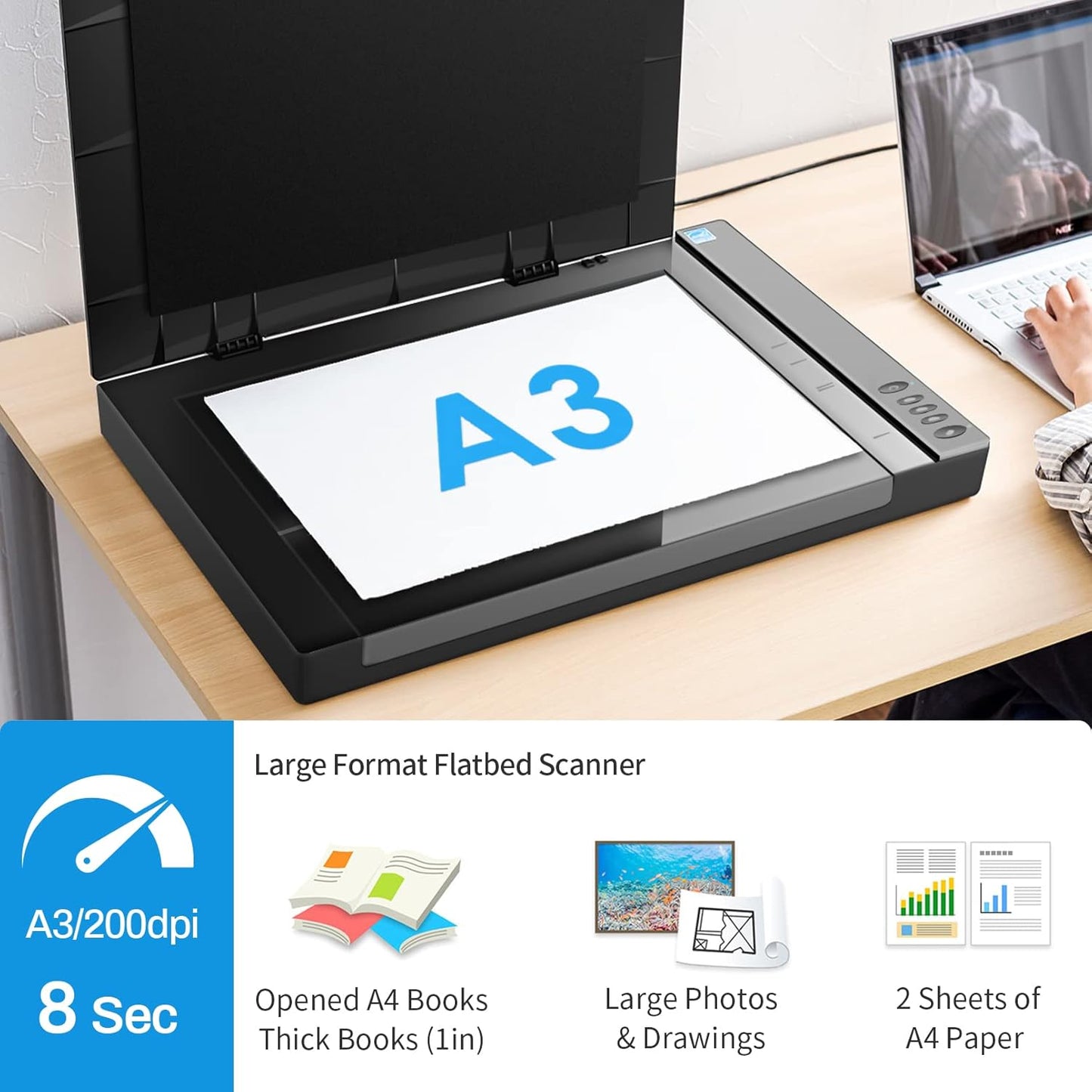 VIISAN 3120 A3 Flatbed Scanner, 1200 DPI, CIS Sensor, Scan 11.7" x 16.7" in 8 sec, Frameless, Auto-Scan, Document & Photo & Book Scanner, Design for Library, School and Soho. Supports Windows & Mac