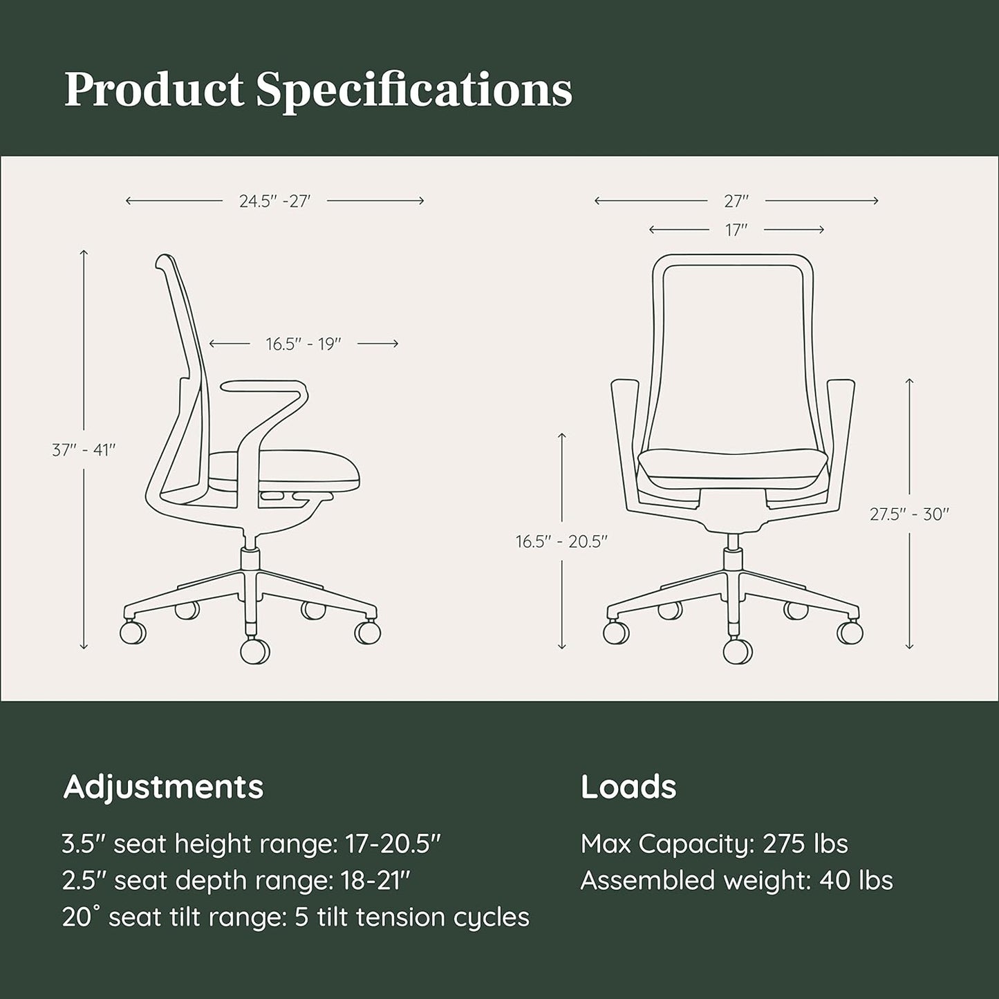 Branch Verve Chair - High Performance Executive Office Chair with Contoured Seat Back and Adjustable Lumbar Rest - High Density Foam Cushion with Aluminum Base - Up to 275 lbs - Galaxy