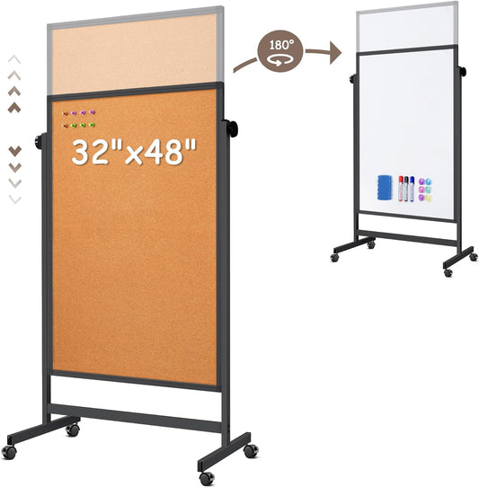 Double Sided Cork Board White Board, 32 x 48 inches Large Cork Board for Office, Height Adjustable Magnetic Dry Erase Board on Wheels, Portable Freestanding Natural Corkboard for Displaying, Planning