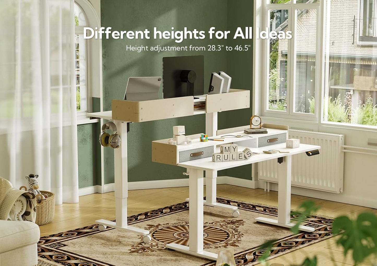 YDN Electric Standing Desk with Drawers, Adjustable Height Stand Up Desk, 59 inch Electric Sit Stand Computer Desk for Home Office, White