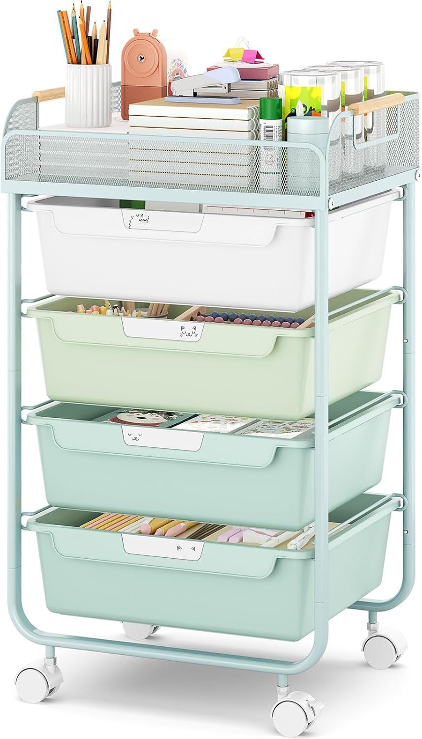 Rolling Utility Storage Cart with 4 Drawers - 4 Tiers Rolling Cart Craft Cart, Storage Drawer Cart Organizer for Craft Room Office Bedroom Classroom with Mesh Top & 4 PCS DIY Lable, Green