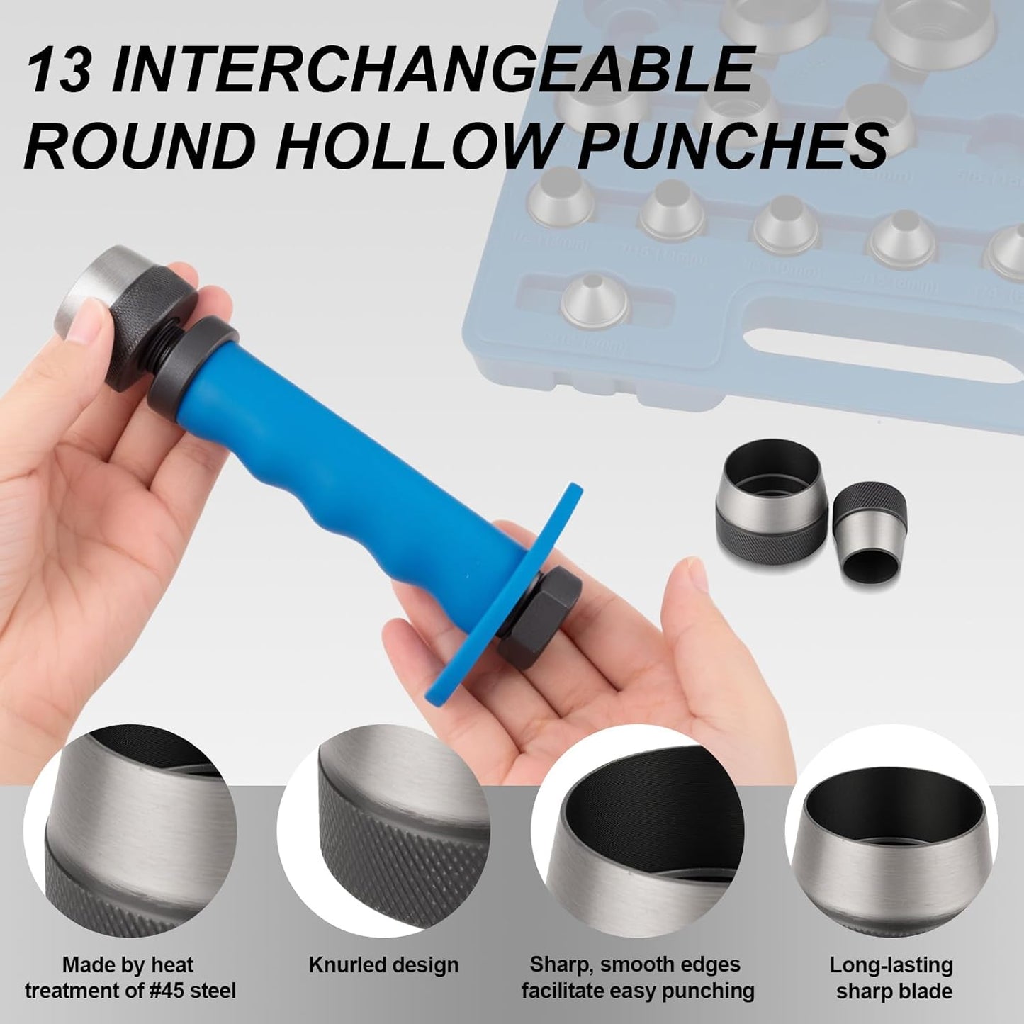 Hollow Punch Set, 14pcs Premium Leather Hole Punch Kit with Pin Point Punch Shaft, Gasket Cutting Puncher for Leather, Rubber & Plastic, 3/16" to 1-3/8"