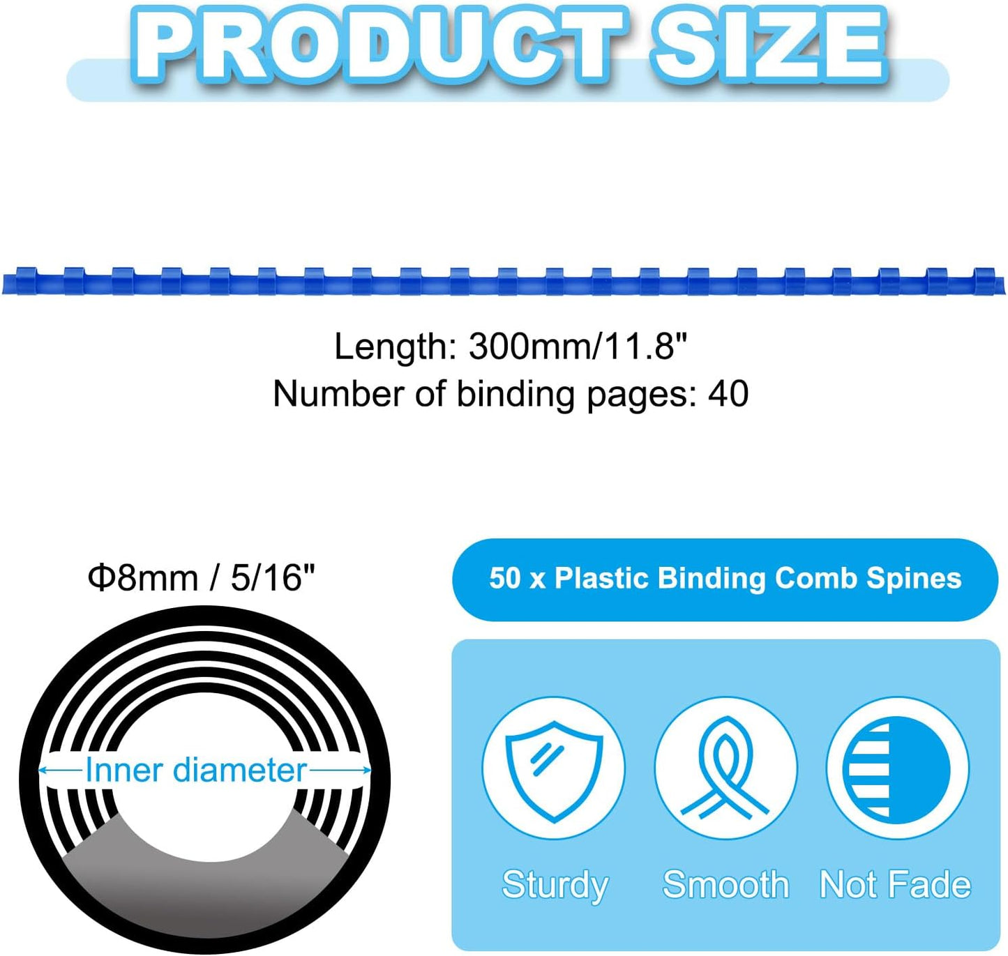 PATIKIL 8mm (5/16") Plastic Binding Combs, 50 Pcs 21 Rings Comb Binding Spines 40 Sheet Capacity Letter Size for Binding Paper Sheets, Blue