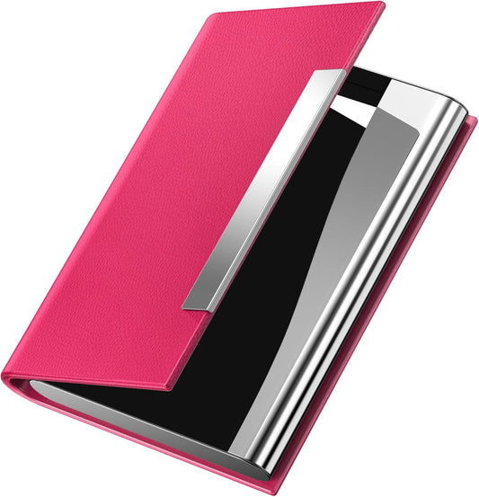 Padike Business Card Holder, Business Card Case Professional PU Leather & Stainless Steel Multi Card Case,Business Card Holder Wallet Credit Card ID Case/Holder for Men & Women. (Rose red)