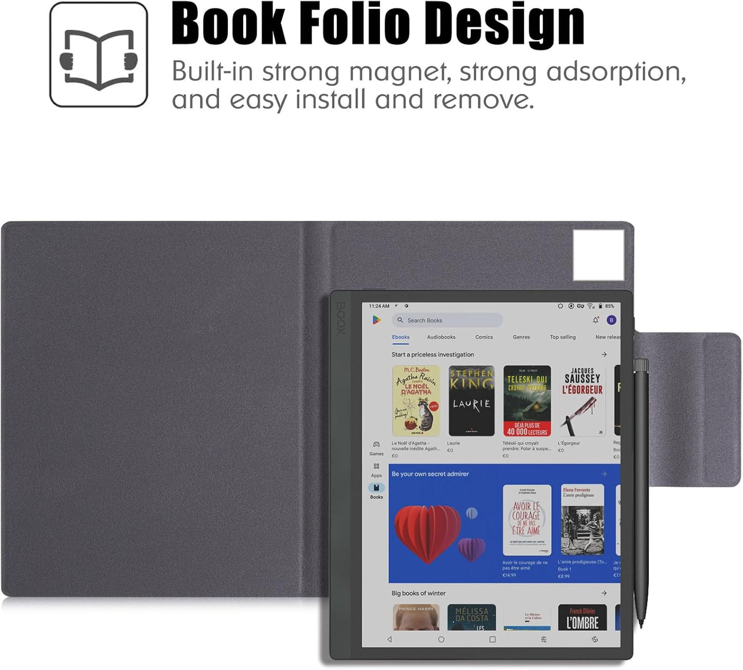 BOZHUORUI Case for 10.3" Boox Tab Ultra C Pro ePaper Tablet | with Sleep/Wake | Magnetic Adsorption | Pen Clasp Design | Thin & Light | PU Leather Smart Cover (Denim Gray)