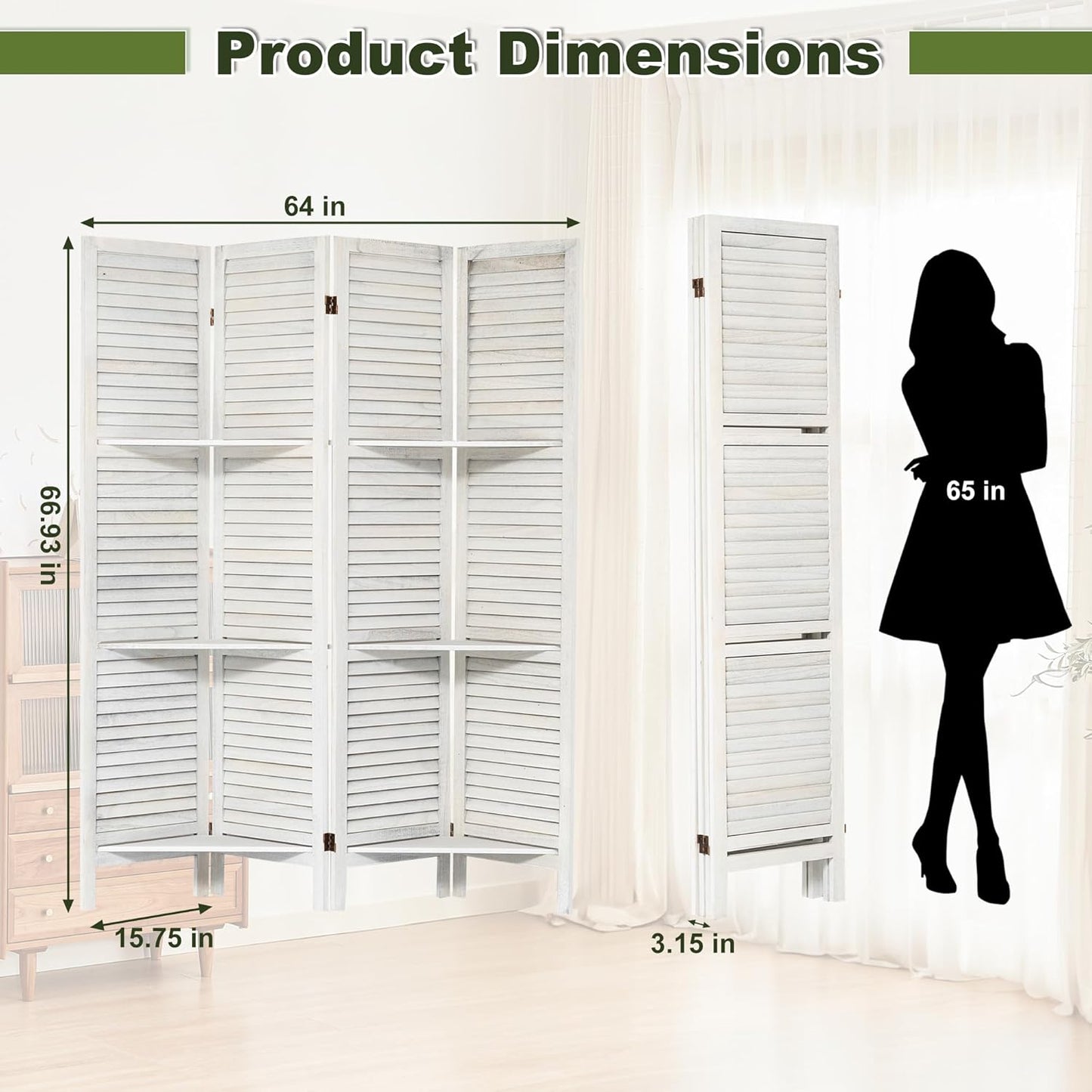 NicBex 4 Panel Room Divider,5.6FT Wood Carved Room Dividers with Display Shelves Folding Privacy Screens Portable Freestanding Partition Wall Dividers for Room Separation,Home Bedroom Office,White