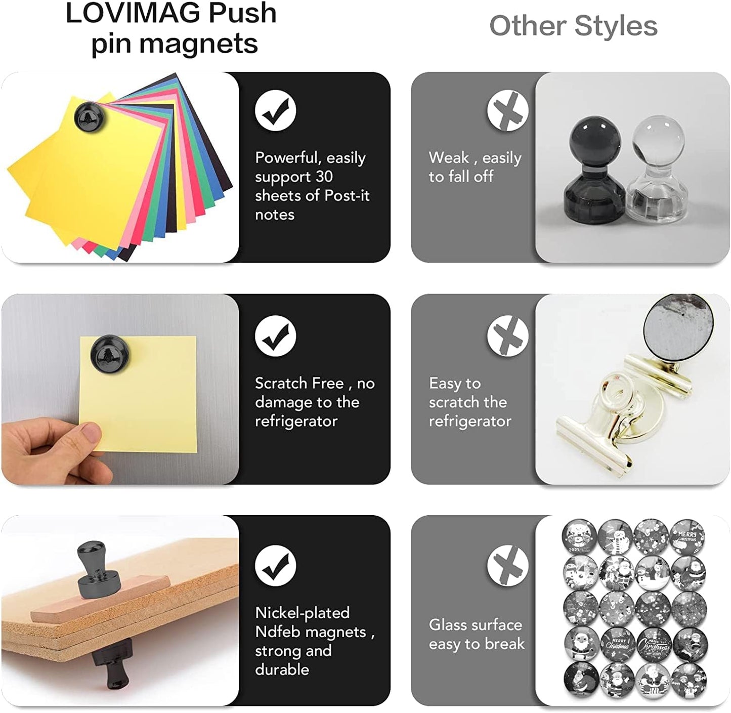LOVIMAG 50Pcs Fridge Magnets, Black Refrigerator Magnets for Whiteboard, Strong Metal Magnets for Fridge, Whiteboard, Office, Classroom, Map, Kitchen,Magnetic Push Pins, Thumb Tacks Magnets