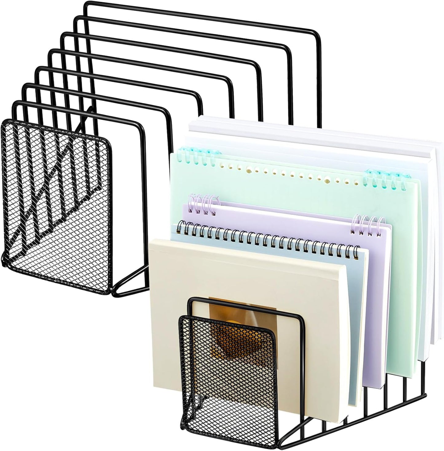 2 Pcs 7 Slot Incline File Sorter Metal Wire Mesh File Racks for Desktop Letter Sorter for Magazine Folder Book Organizer Home Office School Paper Mail Desk Storage Holder (Black)