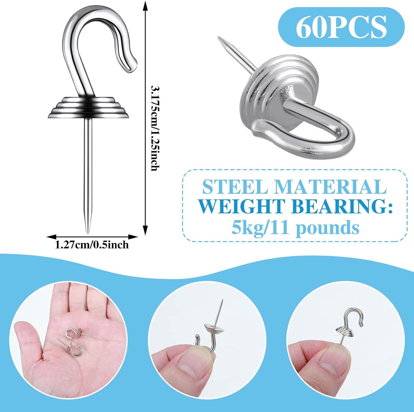 Hotop 60 Pieces Push Pin Wall Hooks Metal Thumb Tack Hangers Iron Alloy Nail Decorative Picture Hooks for 20 Lbs Home Office School Party Supply (Silver)