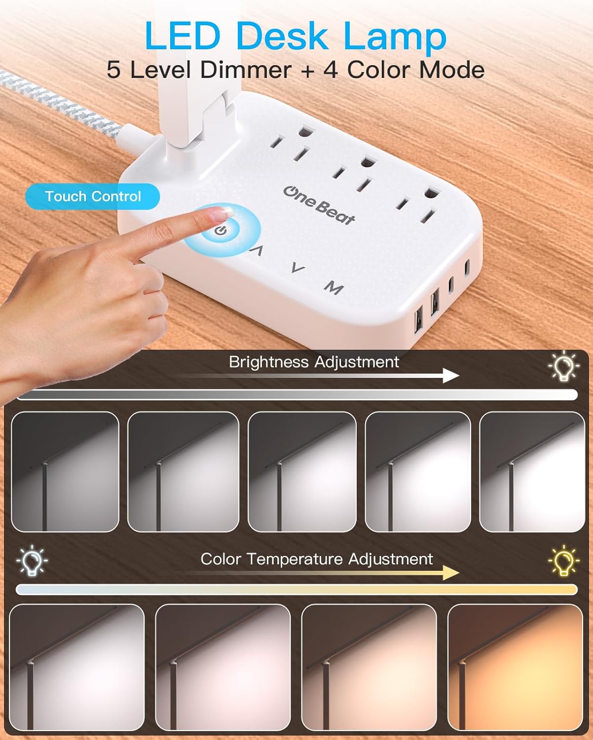 Dorm Room Essentials for Girls, Pink Power Strip with LED Desk Lamp, 3 Outlets 4 USB Ports, 4 Modes 5 Level Touch Lamp Small Desk Lamp for Home Office Bedroom Study Reading Light, 5ft Extension Cord