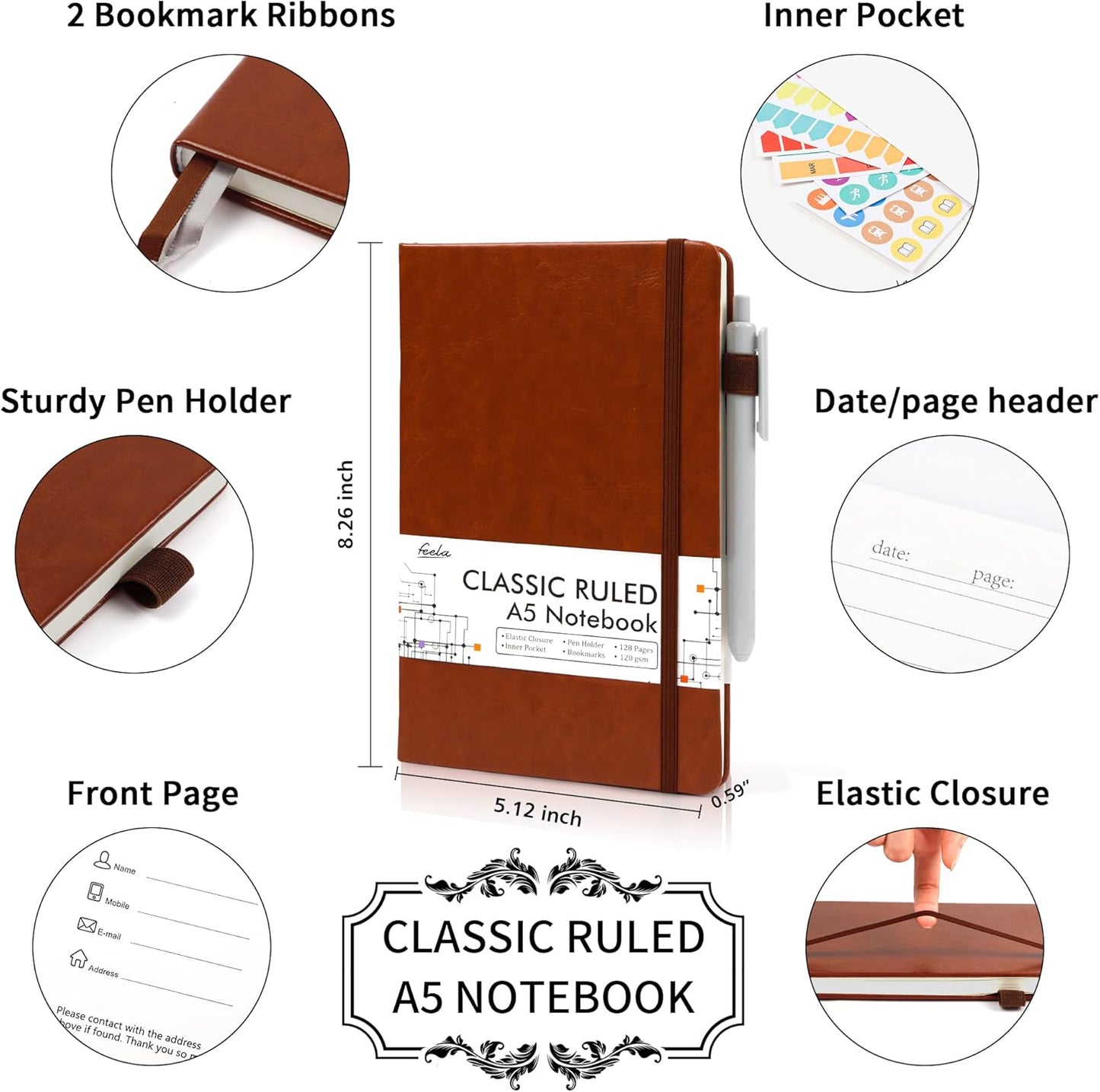 feela 5 Pack Journal Notebook Bulk for School, Hardcover Business Notebooks Classic Ruled Lined Journals with Pen Holder for Work Note Taking, with 5 Black Pens, 120 GSM, 5.1”x8.3”, A5, Brown
