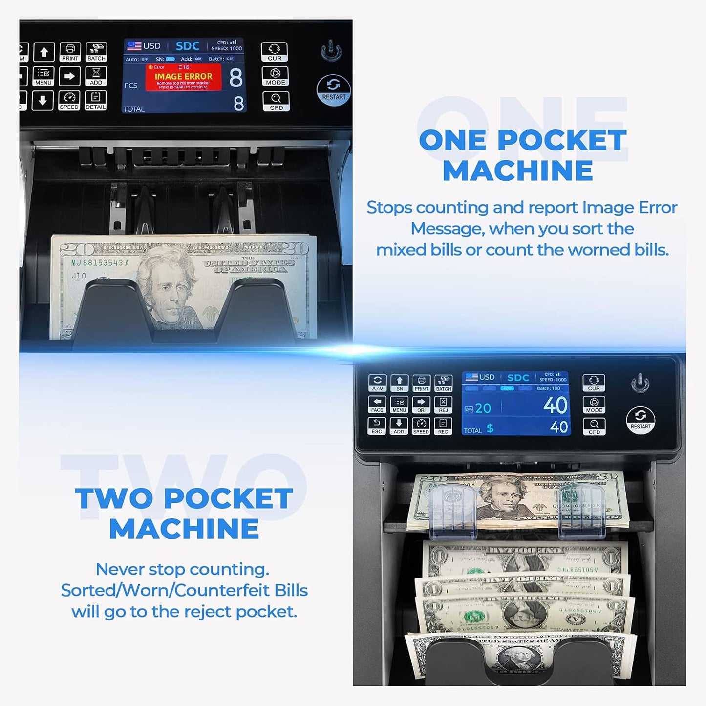MUNBYN IMC08 Dual Money Counter Machine Mixed Denomination with Reject Pocket, Value Counting, Counterfeit Detection 2 CIS/UV/MG/IR, Sort&Print Enabled Cash Counter, Mixed Bill Counter (White)